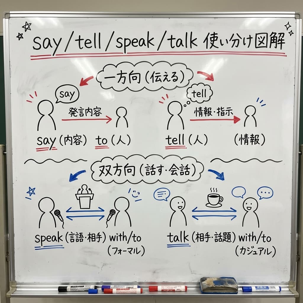 say / tell / speak / talk の使い分け