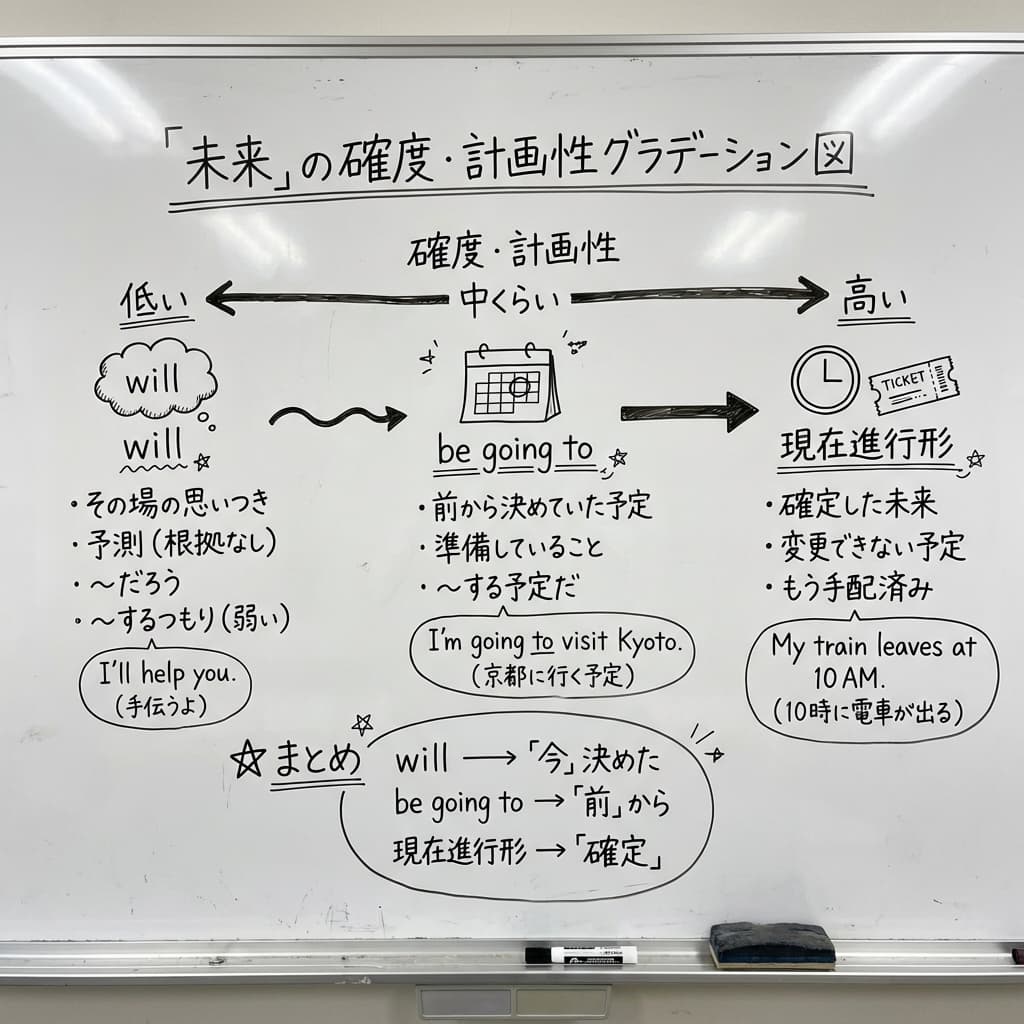 will vs be going to vs 現在進行形